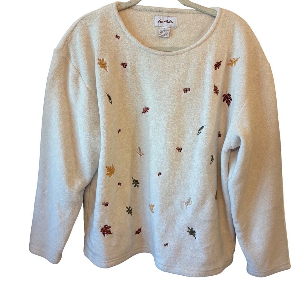 Vintage 80s Embroidered Leaf Fleece Cream Sweatshirt Women Size XL Cream